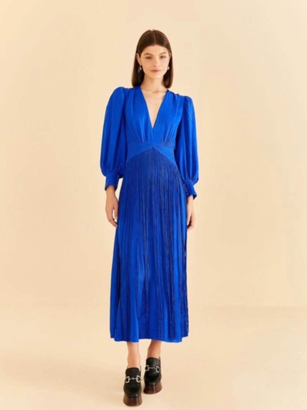 FARM Rio Cobalt Blue V-Neck Maxi Dress with Fringe